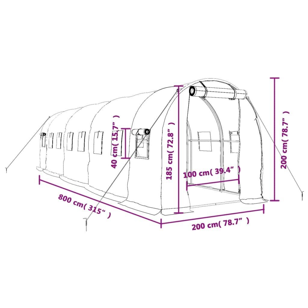 vidaXL Kasvihuone teräsrungolla vihreä 16 m² 8x2x2 m hinta ja tiedot | Kasvihuoneet | hobbyhall.fi