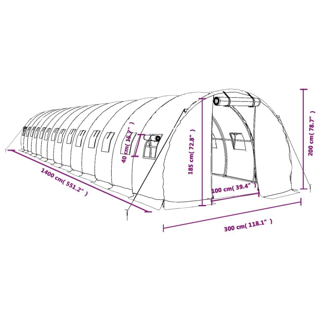 vidaXL Kasvihuone teräsrungolla vihreä 42 m² 14x3x2 m hinta ja tiedot | Kasvihuoneet | hobbyhall.fi