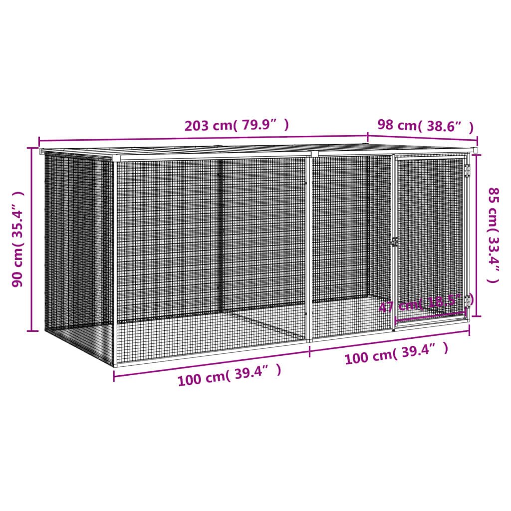 vidaXL Kanahäkki katolla vaaleanharmaa 203x98x90 cm galvanoitu teräs hinta ja tiedot | Kuljetushäkit ja kuljetuslaatikot | hobbyhall.fi