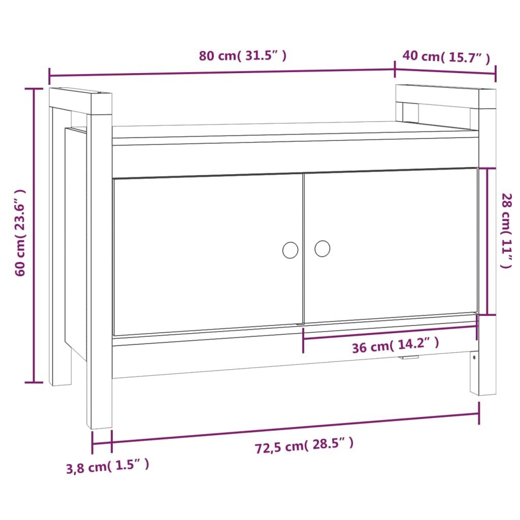 vidaXL Eteisen penkki 80x40x60 cm täysi mänty hinta ja tiedot | Kenkäkaapit ja -hyllyt | hobbyhall.fi