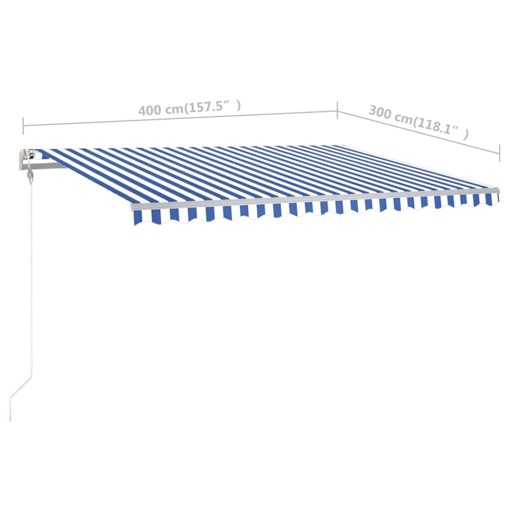 vidaXL Manuaalisesti kelattava markiisi tolpilla 4x3 m sinivalkoinen hinta ja tiedot | Aurinkovarjot ja markiisit | hobbyhall.fi