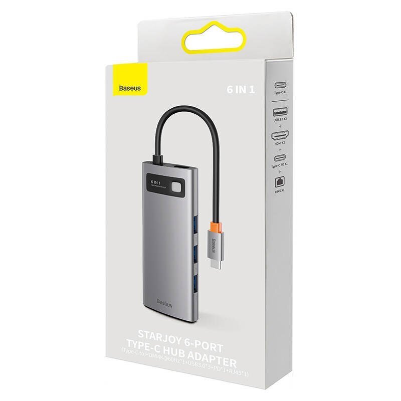 6in1 Baseus StarJoy Series, USB-C to 3x USB 3.0 + HDMI + USB-C PD + RJ45 hinta ja tiedot | Adapterit | hobbyhall.fi