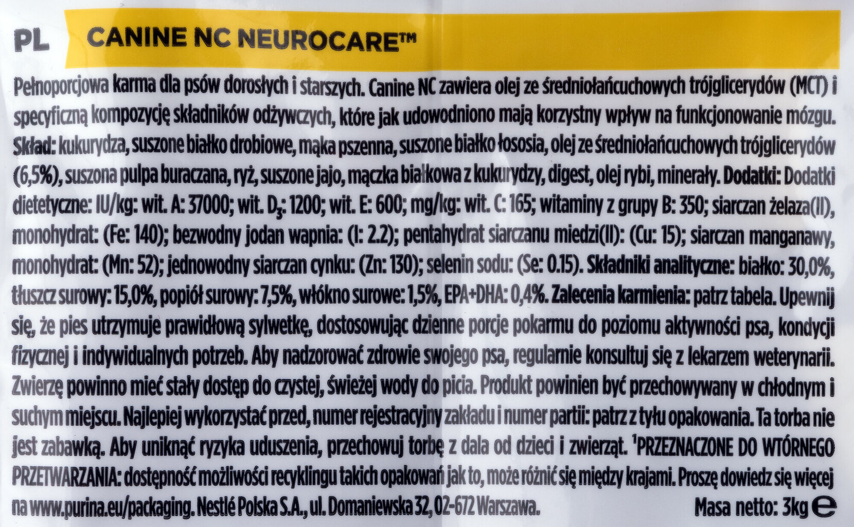 Purina Pro Plan Canine Nc Neurocare aikuisille koirille, 3 kg hinta ja tiedot | Koiran kuivaruoka | hobbyhall.fi