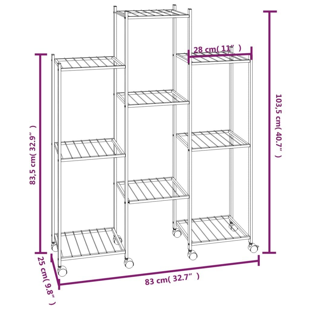 vidaXL Kukkateline pyörillä 83x25x103,5 cm musta rauta hinta ja tiedot | Kukkatelineet ja kukkapöydät | hobbyhall.fi