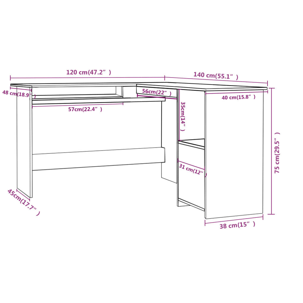 vidaXL L-muotoinen kulmapöytä betoninharmaa 120x140x75 cm lastulevy hinta ja tiedot | Tietokonepöydät ja työpöydät | hobbyhall.fi