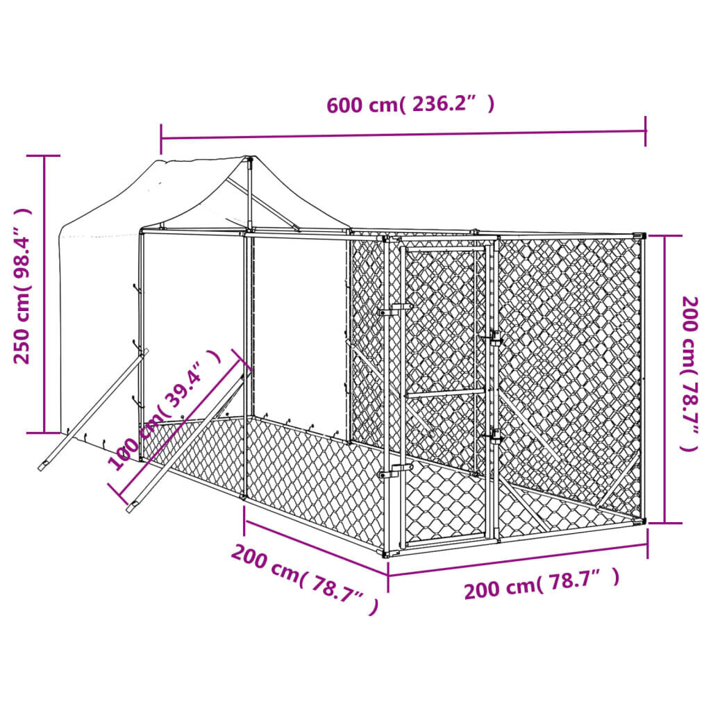 vidaXL Koiran ulkohäkki katolla hopea 2x14x2,5 m galvanoitu teräs hinta ja tiedot | Kuljetushäkit ja kuljetuslaatikot | hobbyhall.fi