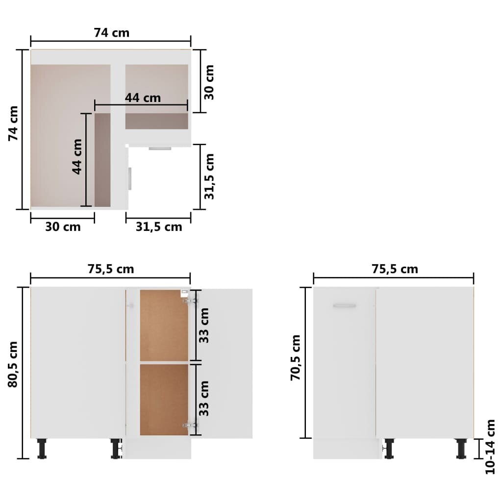 vidaXL Alakulmakaappi valkoinen 75,5x75,5x80,5 cm lastulevy hinta ja tiedot | Keittiön kaapit | hobbyhall.fi