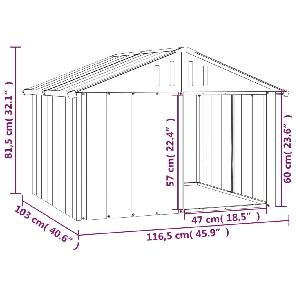 vidaXL Koirankoppi antrasiitti 116,5x103x81,5 cm galvanoitu teräs hinta ja tiedot | Pedit ja pesät | hobbyhall.fi