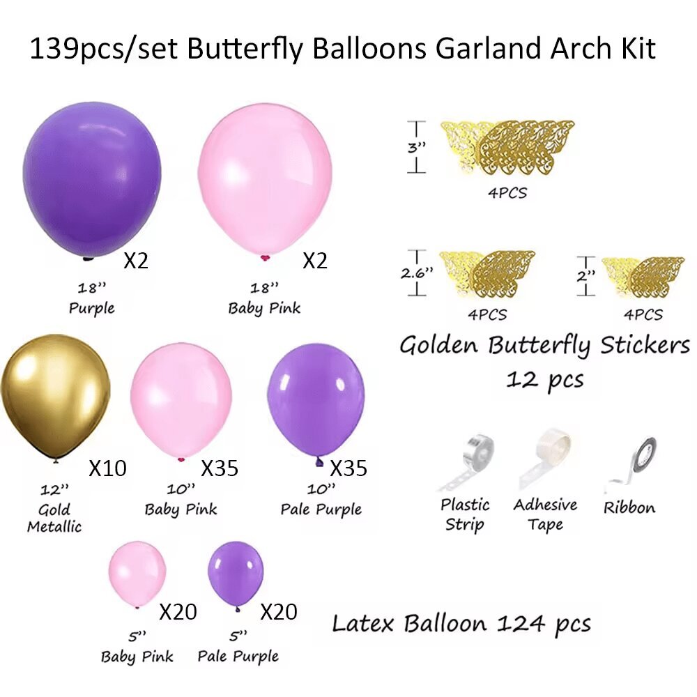 Pink Purple Butterfly -ilmapallosetti (139 kpl) hinta ja tiedot | Ilmapallot | hobbyhall.fi