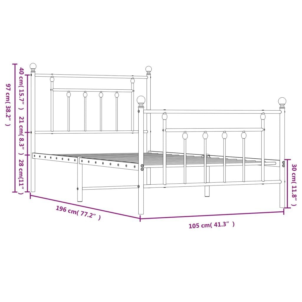 vidaXL Metallinen sängynrunko päädyillä valkoinen 100x190 cm hinta ja tiedot | Sängyt | hobbyhall.fi