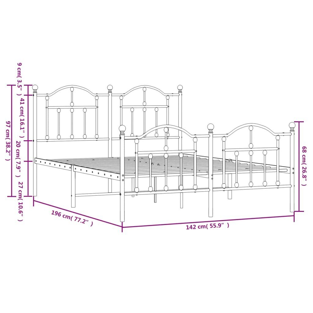 vidaXL Metallinen sängynrunko päädyillä valkoinen 135x190 cm hinta ja tiedot | Sängyt | hobbyhall.fi