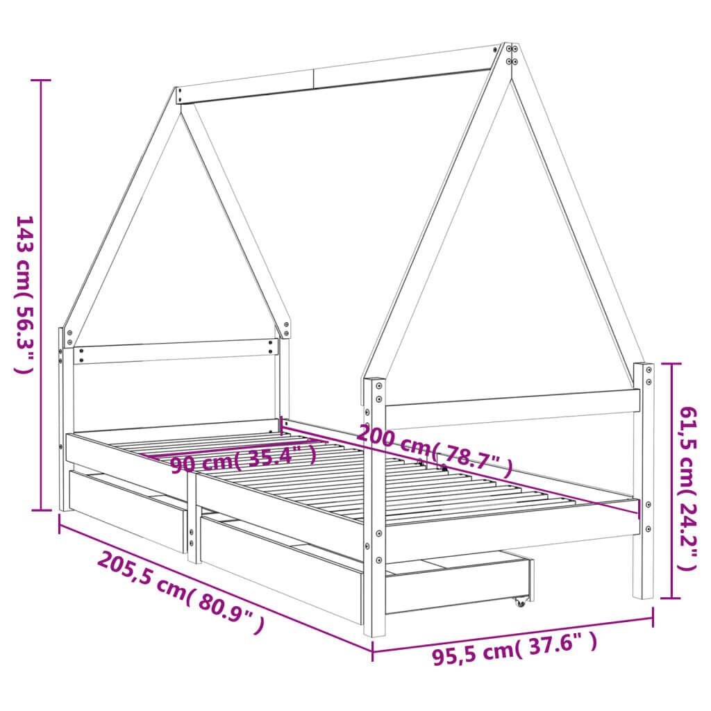 vidaXL Lasten sängynrunko valkoinen 90x200 cm täysi mänty hinta ja tiedot | Lastensängyt | hobbyhall.fi