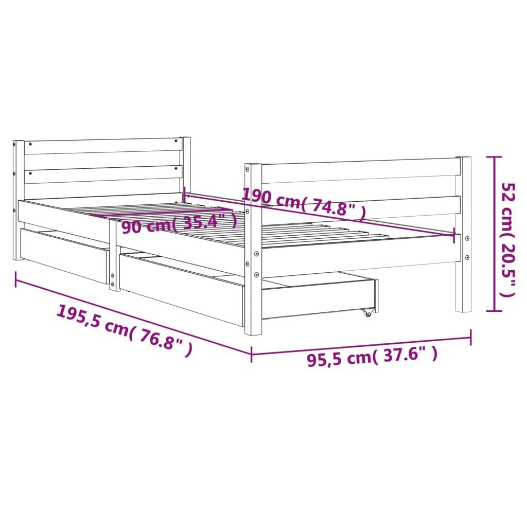 vidaXL Lasten sängynrunko laatikoilla valkoinen 90x190 cm täysi mänty hinta ja tiedot | Lastensängyt | hobbyhall.fi