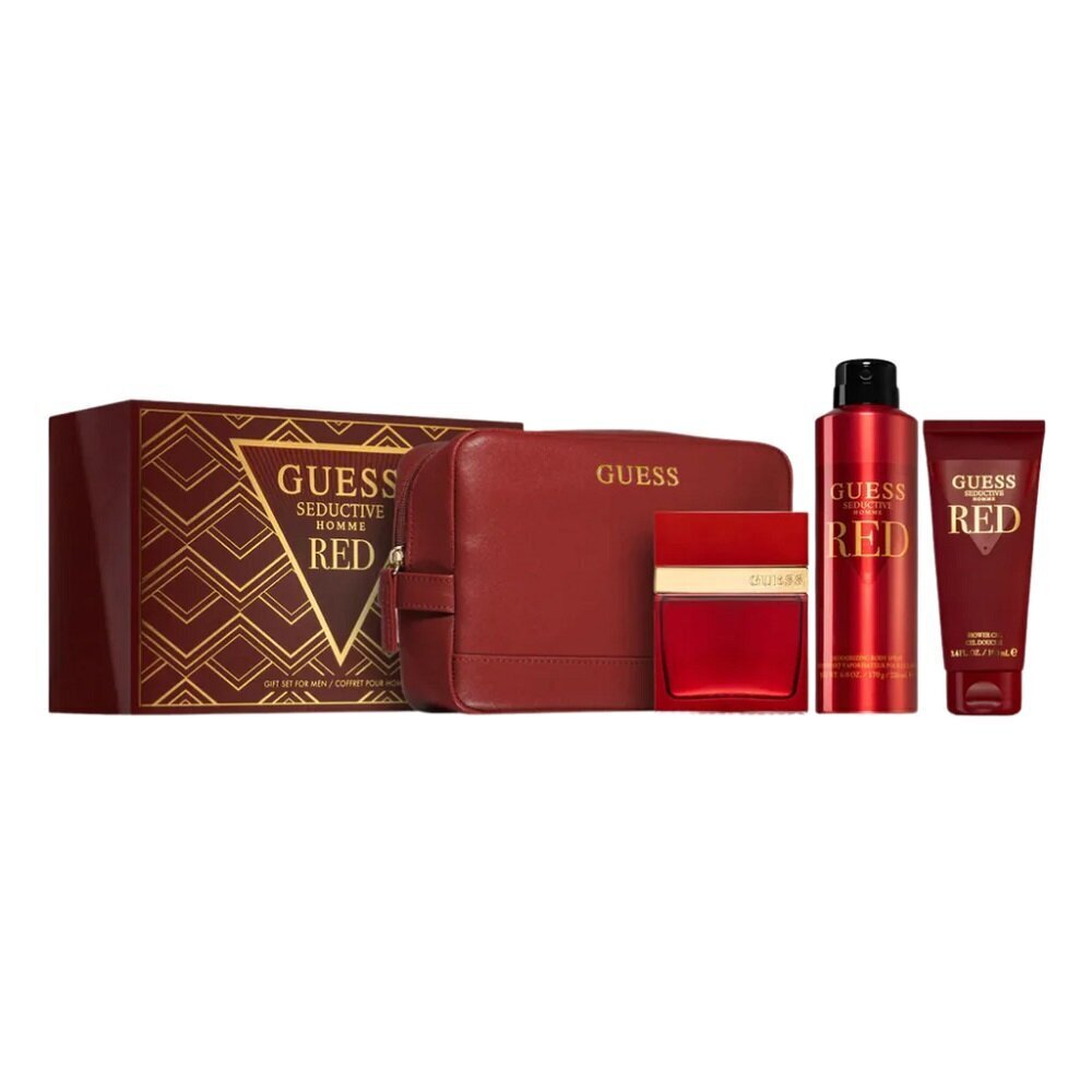 Kosmetiikkasetti Guess Seductive Red Homme miehille: Hajuvesi EDT, 100 ml + suihkugeeli, 200 ml + deodorantti, 226 ml + kosmetiikkalaukku hinta ja tiedot | Suihkusaippuat ja suihkugeelit | hobbyhall.fi