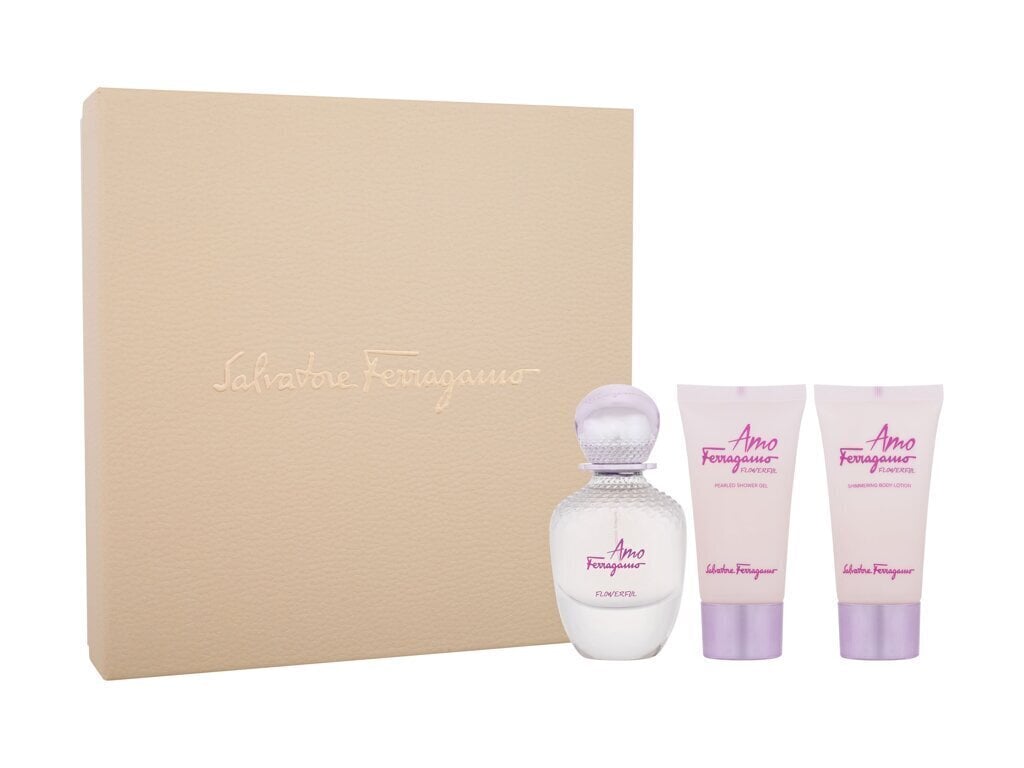 Kosmetiikkasetti Salvatore Ferragamo Amo Flowerful naisille: eau de toilette EDT, 50 ml + vartalovoide, 50 ml + suihkugeeli, 50 ml hinta ja tiedot | Naisten hajuvedet | hobbyhall.fi