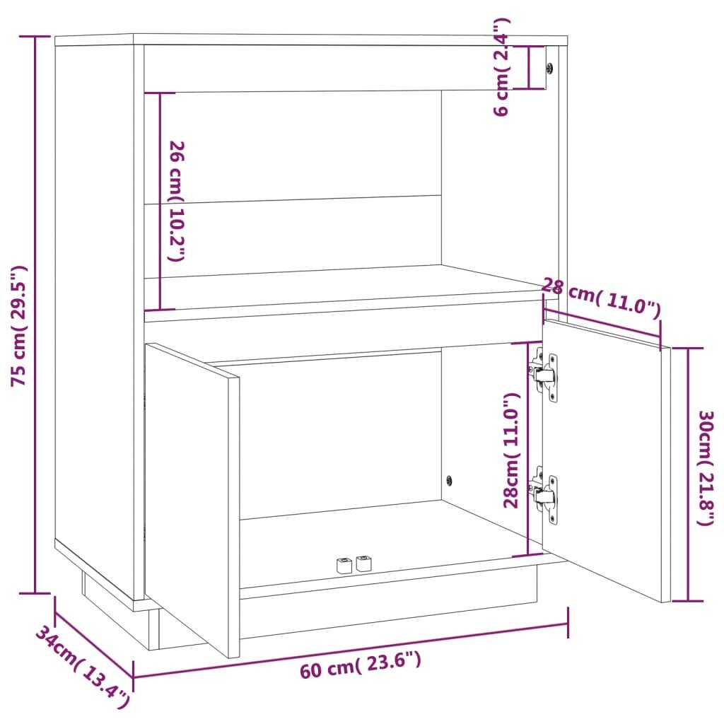 vidaXL Senkki hunajanruskea 60x34x75 cm täysi mänty hinta ja tiedot | Olohuoneen kaapit ja lipastot | hobbyhall.fi