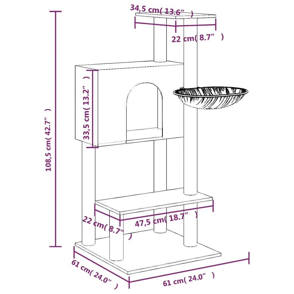 vidaXL Kissan kiipeilypuu sisal- raapimispylväillä v.harmaa 108,5 cm hinta ja tiedot | Raapimispuut ja kiipeilypuut | hobbyhall.fi