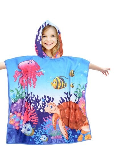 Lasten hupullinen rantapyyhe-poncho, akvaario, 60 X 90cm hinta ja tiedot | Pyyhkeet | hobbyhall.fi