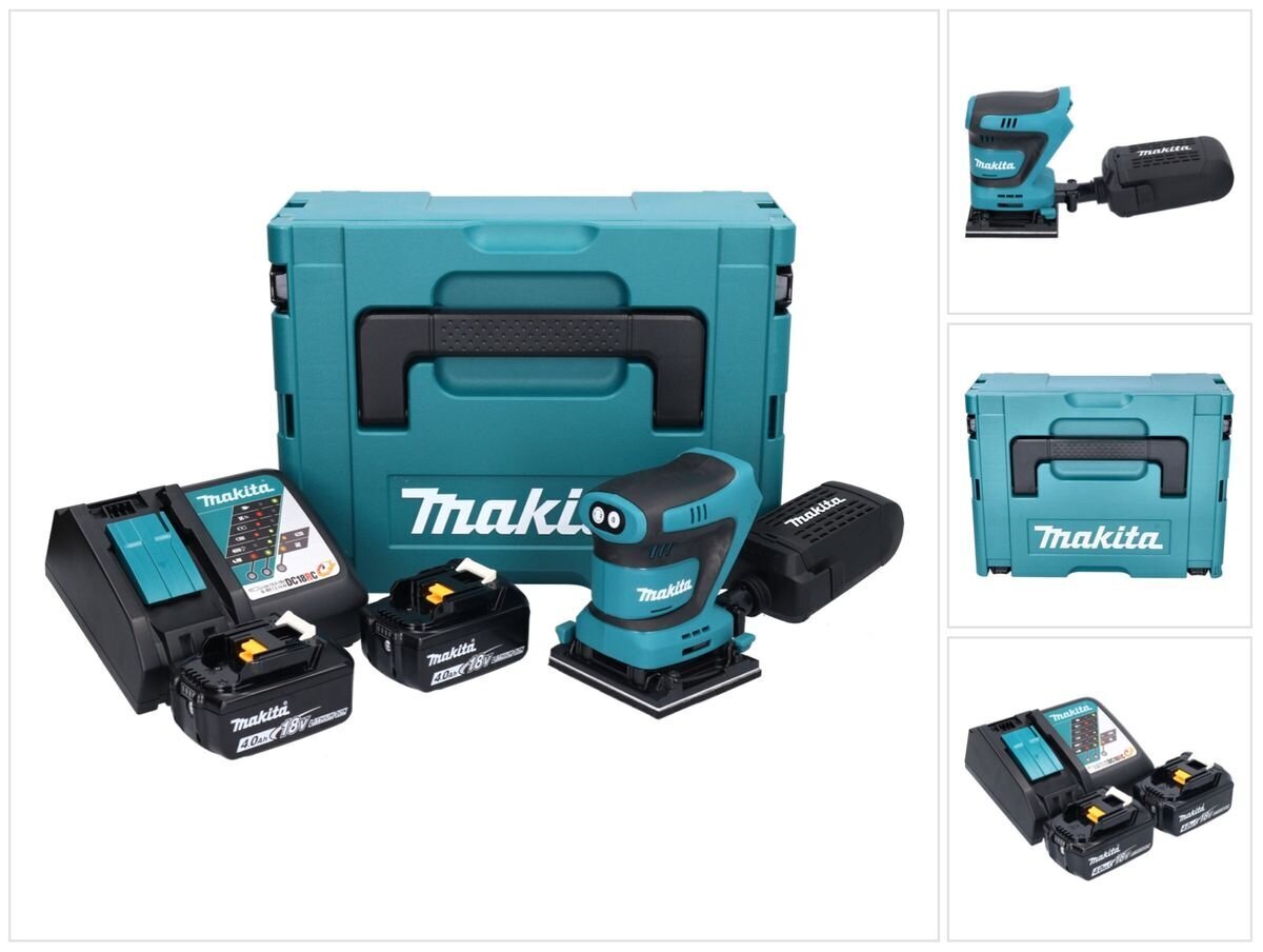 Makita DBO 480 RMJ akku 18 V eksentrinen hiomakone 112 x 102 mm + 2x akku 4,0 Ah + laturi + Makpac hinta ja tiedot | Hiomakoneet | hobbyhall.fi