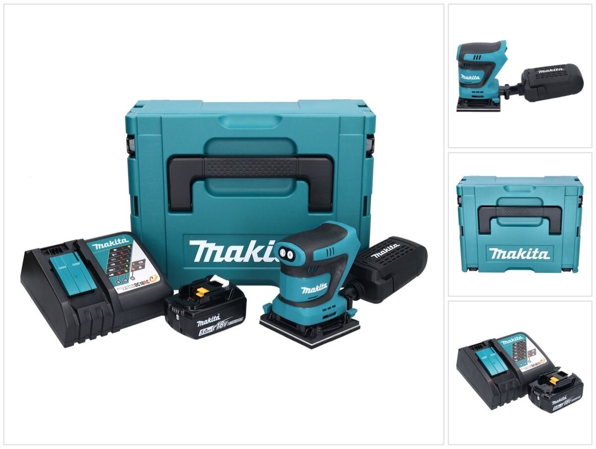 Makita DBO 480 RT1J akku-epäkeskohiomakone 18 V 112 x 102 mm + 1x akku 5,0 Ah + laturi + Makpac hinta ja tiedot | Hiomakoneet | hobbyhall.fi