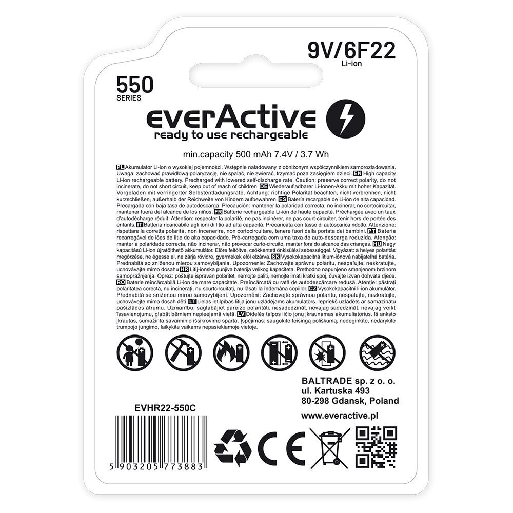 EverActive 6F22/9V 550 mAh hinta ja tiedot | Paristot | hobbyhall.fi