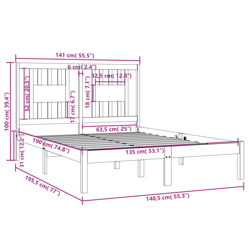 vidaXL Sängynrunko täysi puu 135x190 cm 4FT6 hinta ja tiedot | Sängyt | hobbyhall.fi