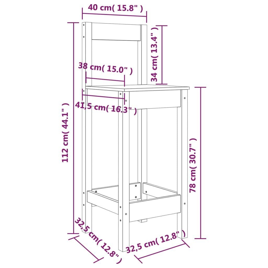 vidaXL Baarijakkarat 2 kpl 40x41,5x112 cm täysi mänty hinta ja tiedot | Ruokapöydän tuolit | hobbyhall.fi