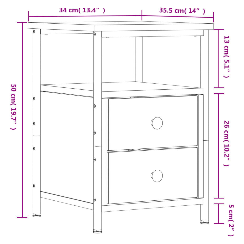 vidaXL Yöpöytä ruskea tammi 34x35,5x50 cm tekninen puu hinta ja tiedot | Yöpöydät | hobbyhall.fi