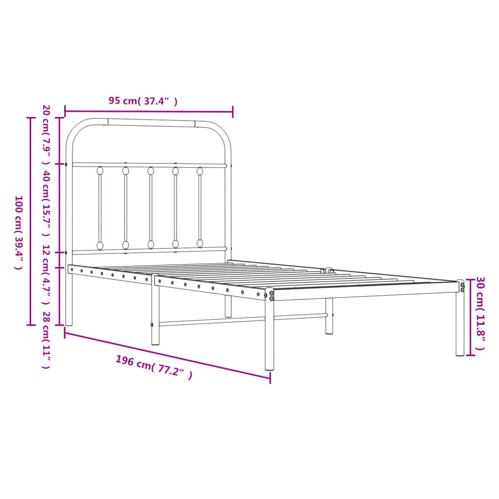 vidaXL Metallinen sängynrunko päädyllä musta 90x190 cm hinta ja tiedot | Sängyt | hobbyhall.fi