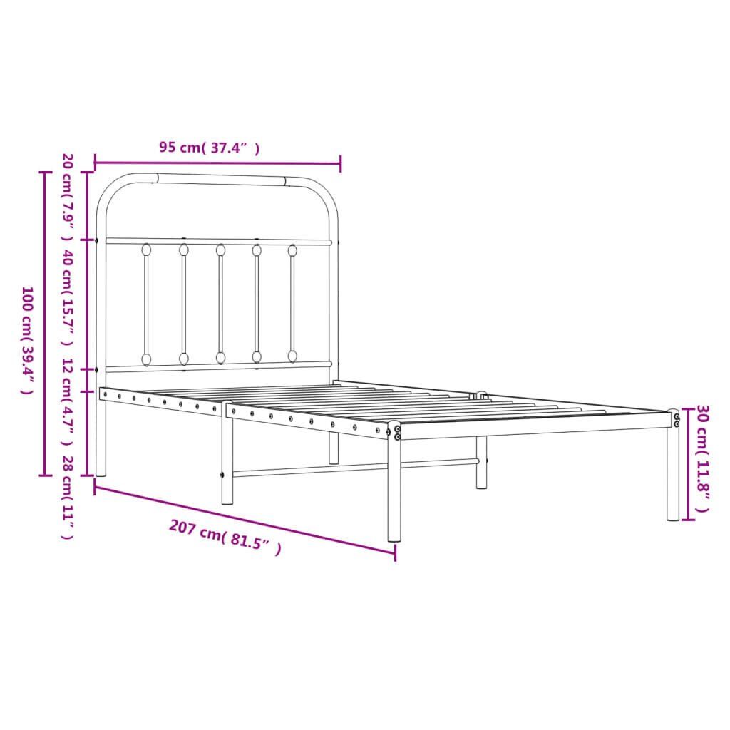 vidaXL Metallinen sängynrunko päädyllä valkoinen 90x200 cm hinta ja tiedot | Sängyt | hobbyhall.fi