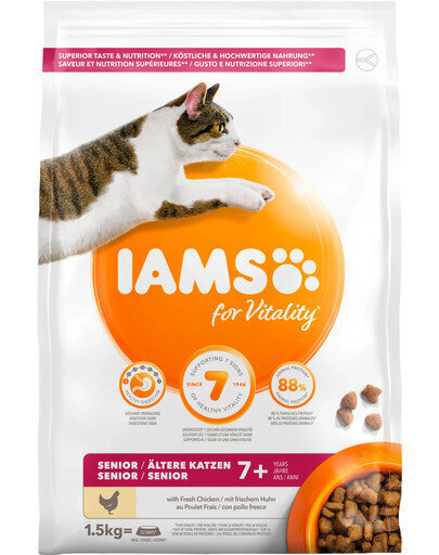 Iams For Vitality vanhemmille kissoille, kanaa, 1,5 kg hinta ja tiedot | Kissan kuivaruoka | hobbyhall.fi