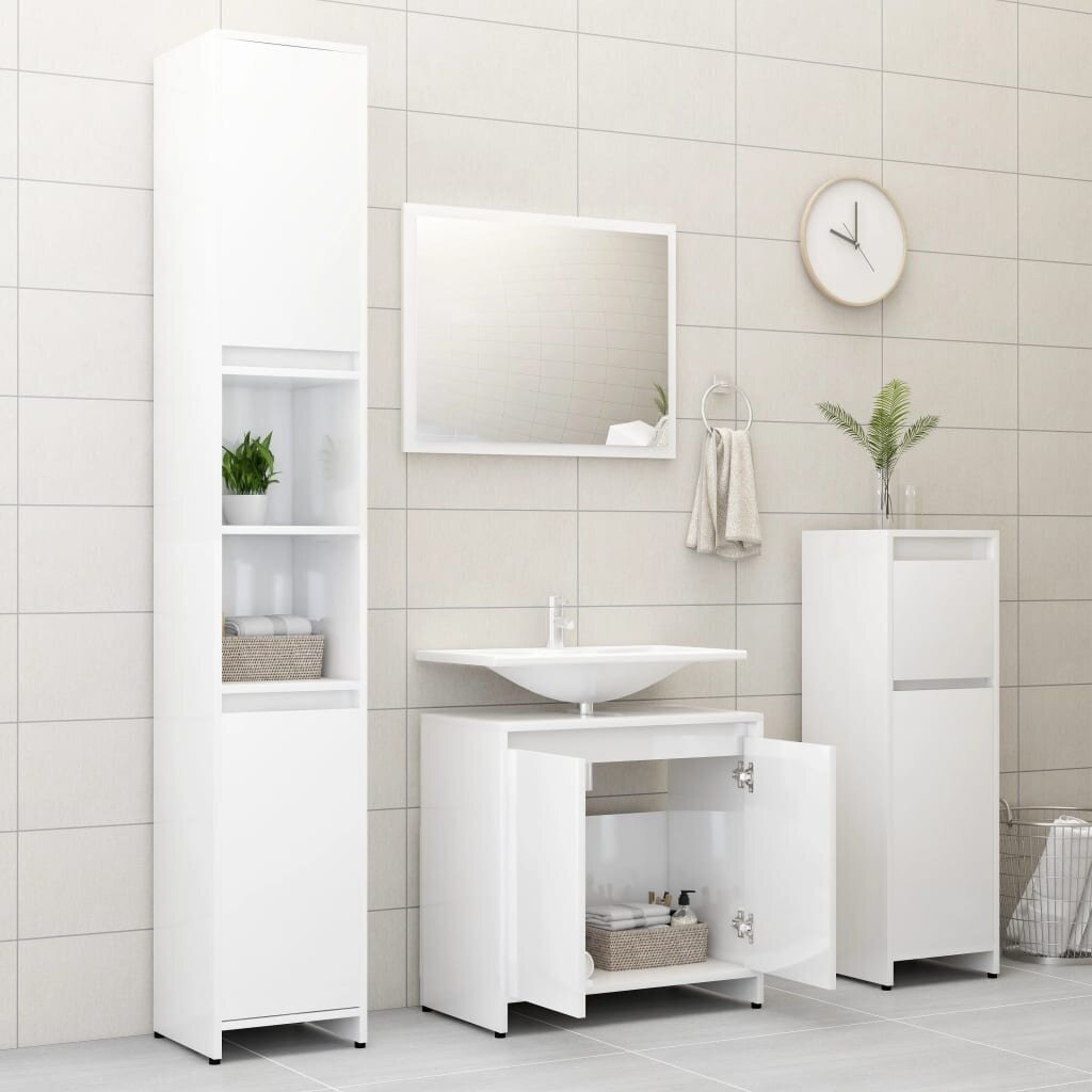 vidaXL 4-osainen kylpyhuonekalustesarja korkeakiilto valk. lastulevy hinta ja tiedot | Kylpyhuonekalusteet | hobbyhall.fi