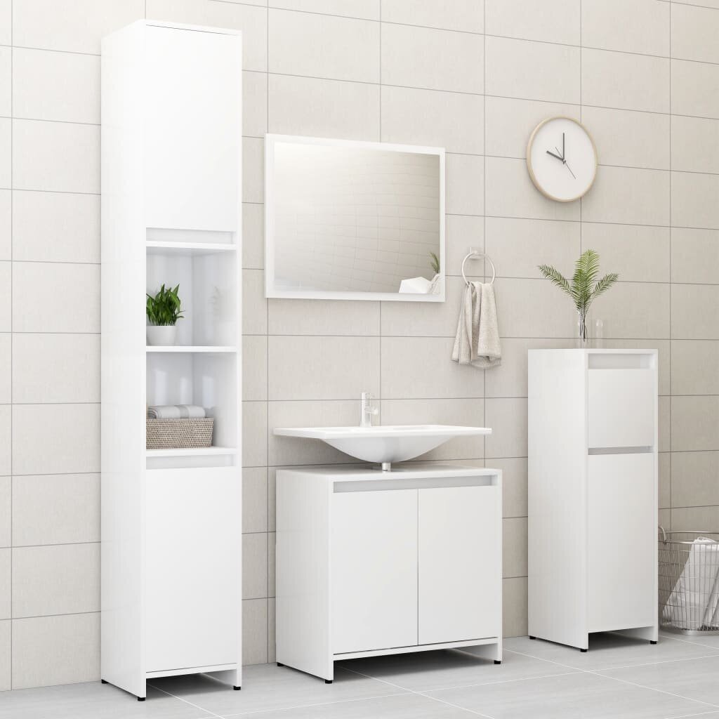 vidaXL 3-osainen kylpyhuonekalustesarja korkeakiilto valk. lastulevy hinta ja tiedot | Kylpyhuonekalusteet | hobbyhall.fi