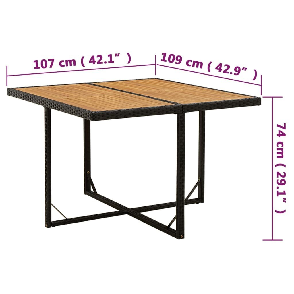 vidaXL Puutarhapöytä musta 109x107x74 cm polyrottinki ja täysi akaasia hinta ja tiedot | Puutarhapöydät | hobbyhall.fi