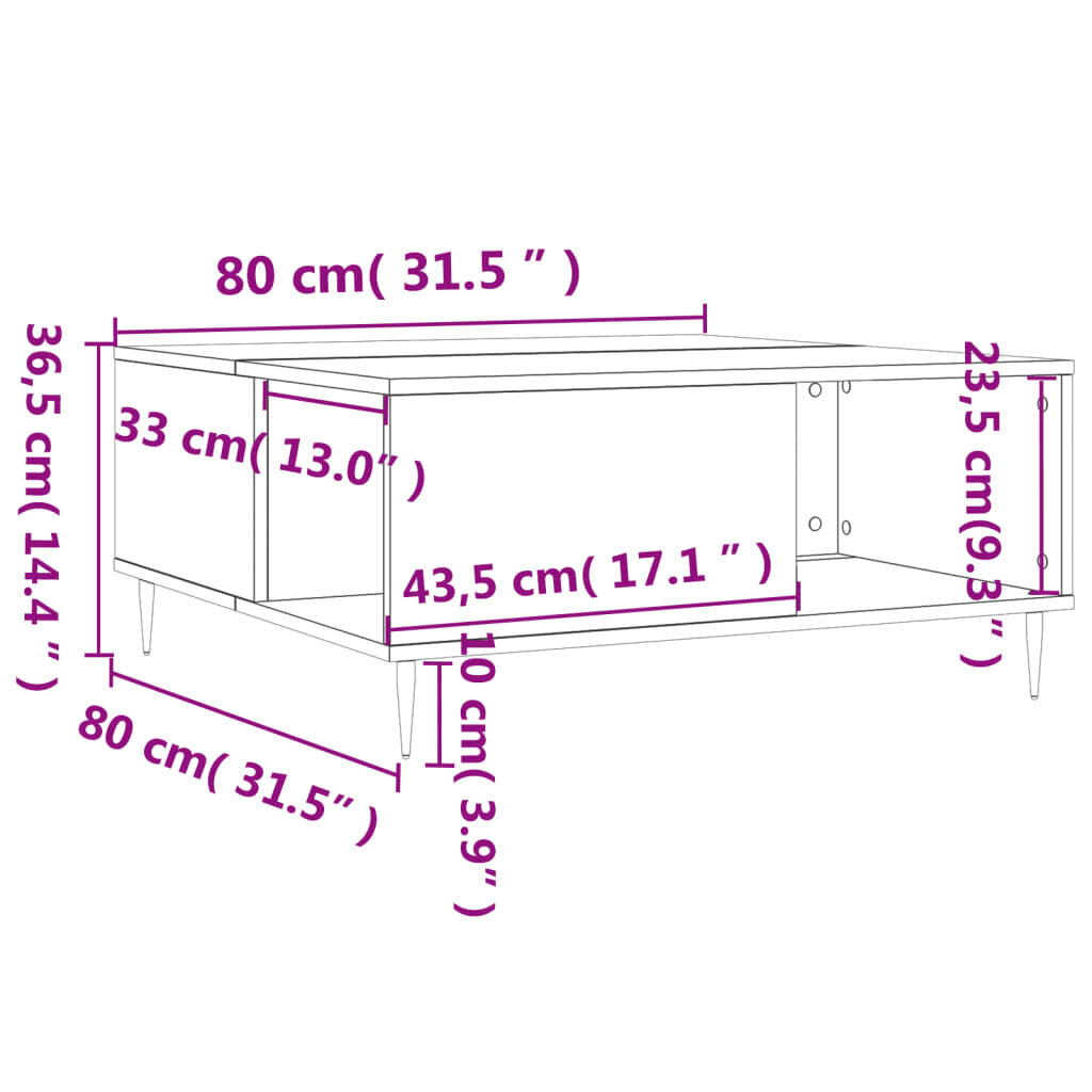 vidaXL Sohvapöytä harmaa Sonoma 80x80x36,5 cm tekninen puu hinta ja tiedot | Sohvapöydät | hobbyhall.fi