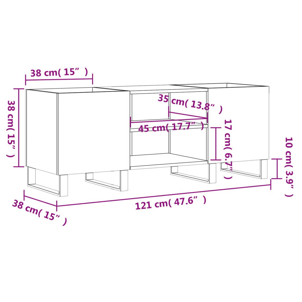 vidaXL LP-levyjen säilytyskaappi Sonoma-tammi 121x38x48 cm puu hinta ja tiedot | Olohuoneen kaapit ja lipastot | hobbyhall.fi