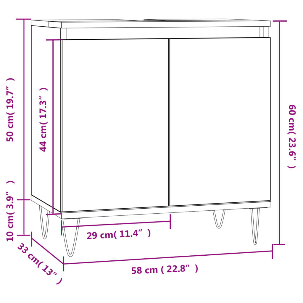 vidaXL Kylpyhuoneen kaappi Sonoma-tammi 58x33x60 cm tekninen puu hinta ja tiedot | Kylpyhuonekaapit | hobbyhall.fi