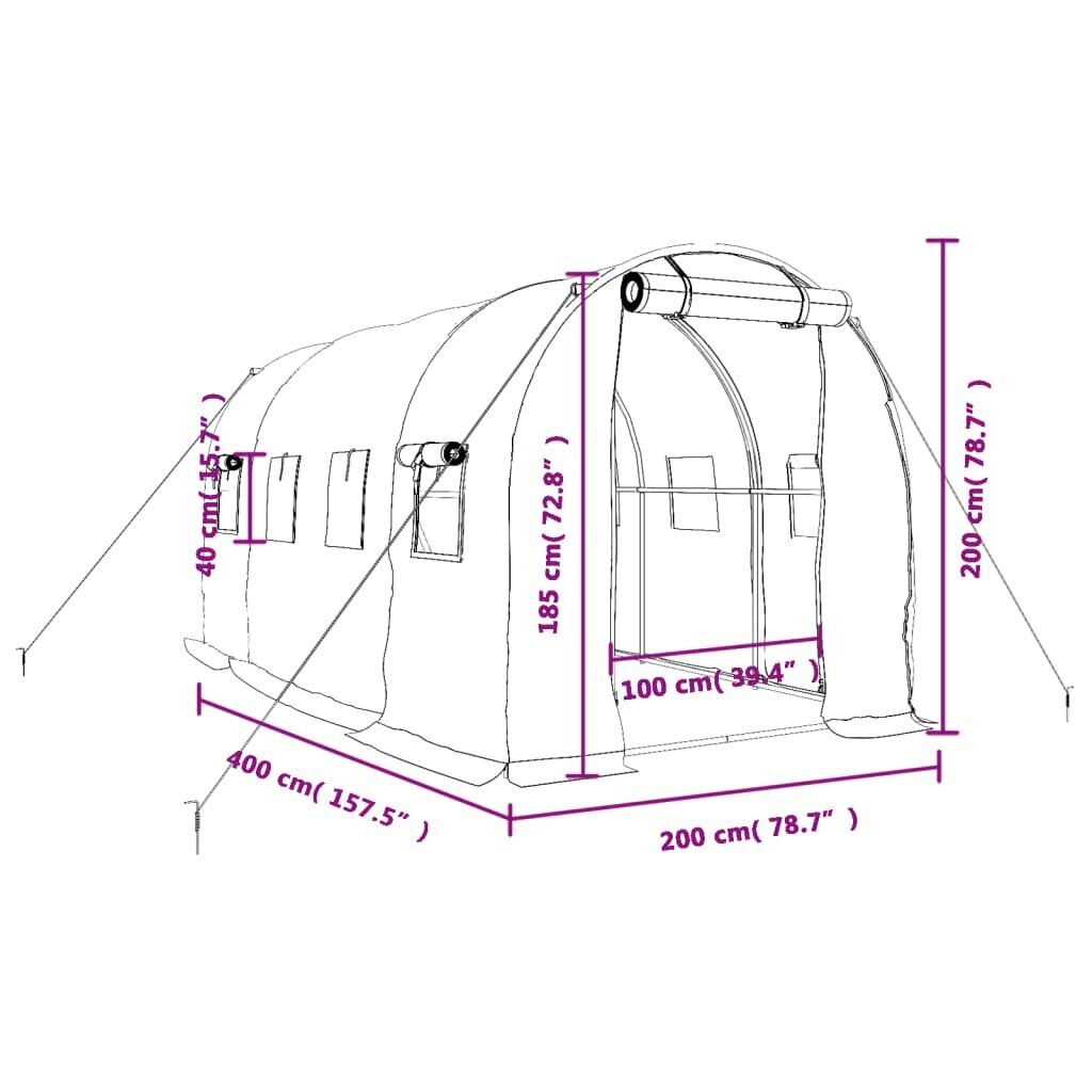 vidaXL Kasvihuone teräsrungolla valkoinen 8 m² 4x2x2 m hinta ja tiedot | Kasvihuoneet | hobbyhall.fi