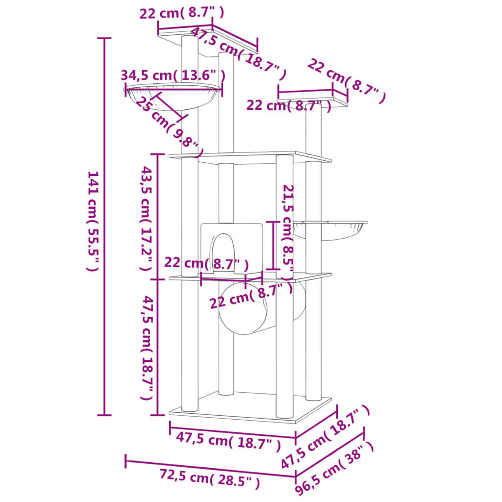 vidaXL Kissan kiipeilyteline sisal- raapimispuilla tummanharmaa 141 cm hinta ja tiedot | Raapimispuut ja kiipeilypuut | hobbyhall.fi