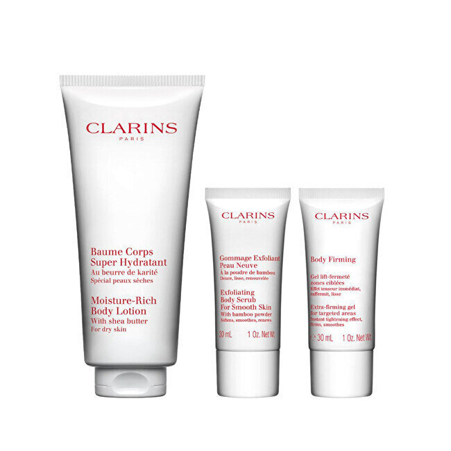 Ihonhoitosetti Clarins: kosteuttava voide, 200 ml + kuorinta-aine, 30 ml + kiinteyttävä geeli, 30 ml hinta ja tiedot | Vartalovoiteet ja -emulsiot | hobbyhall.fi