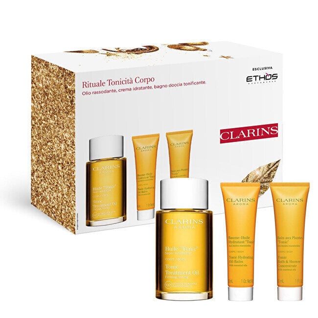 Sarja vartalon ihonhoitoon Clarins Body Care Tonic Hydrating Set: kiinteyttävä vartaloöljy tonikas, 100 ml + kosteuttava vartalobalsami, 30 ml + suihku- ja kylpytiiviste Tonic Bath, 30 ml hinta ja tiedot | Suihkusaippuat ja suihkugeelit | hobbyhall.fi