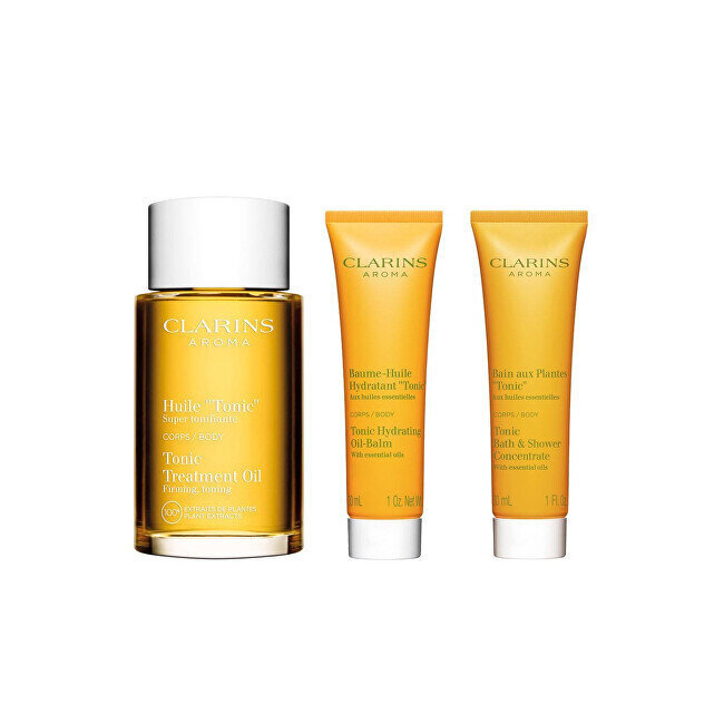 Sarja vartalon ihonhoitoon Clarins Body Care Tonic Hydrating Set: kiinteyttävä vartaloöljy tonikas, 100 ml + kosteuttava vartalobalsami, 30 ml + suihku- ja kylpytiiviste Tonic Bath, 30 ml hinta ja tiedot | Suihkusaippuat ja suihkugeelit | hobbyhall.fi