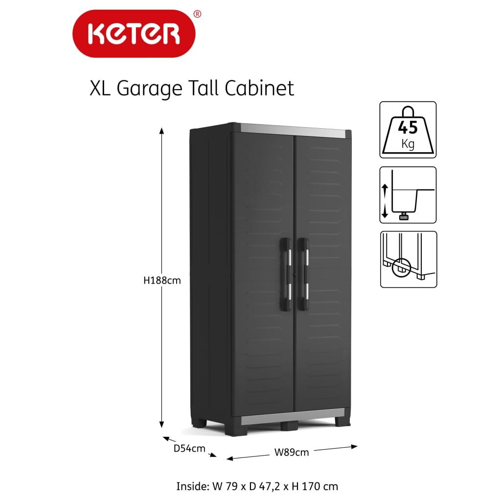 Keter Varastokaappi hyllyillä Garage XL musta ja hopea 188 cm hinta ja tiedot | Olohuoneen kaapit ja lipastot | hobbyhall.fi