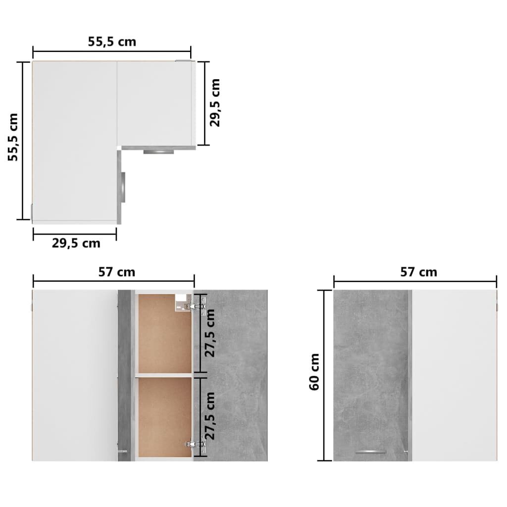vidaXL Seinäkulmakaappi betoninharmaa 57x57x60 cm lastulevy hinta ja tiedot | Keittiön kaapit | hobbyhall.fi