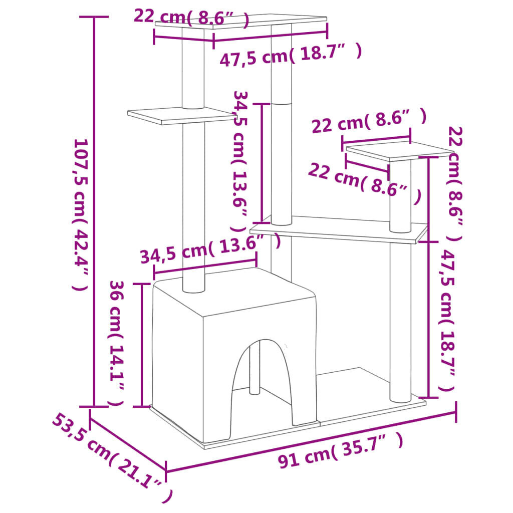 vidaXL Kissan kiipeilyteline sisal-raapimispuilla kerma 107,5 cm hinta ja tiedot | Raapimispuut ja kiipeilypuut | hobbyhall.fi