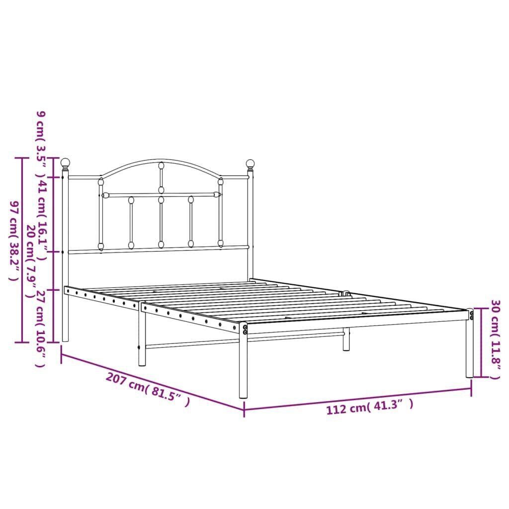 vidaXL Metallinen sängynrunko päädyllä valkoinen 107x203 cm hinta ja tiedot | Sängyt | hobbyhall.fi