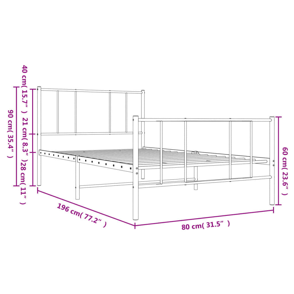 vidaXL Metallinen sängynrunko päädyillä valkoinen 75x190 cm hinta ja tiedot | Sängyt | hobbyhall.fi