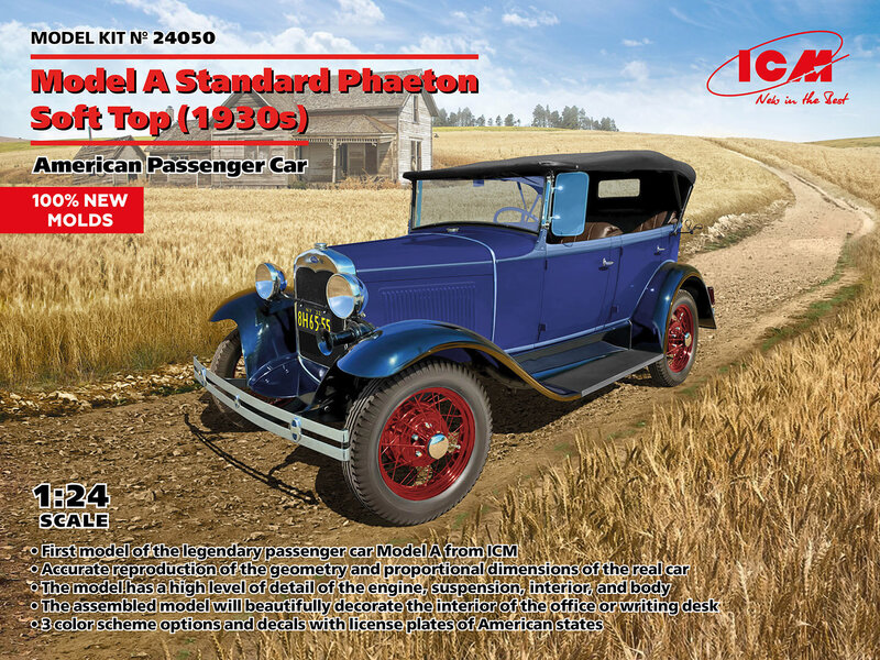 Liimattava malli ICM 24050 American Passenger Car Model A Standard Phaeton Soft Top (1930s) 1/24