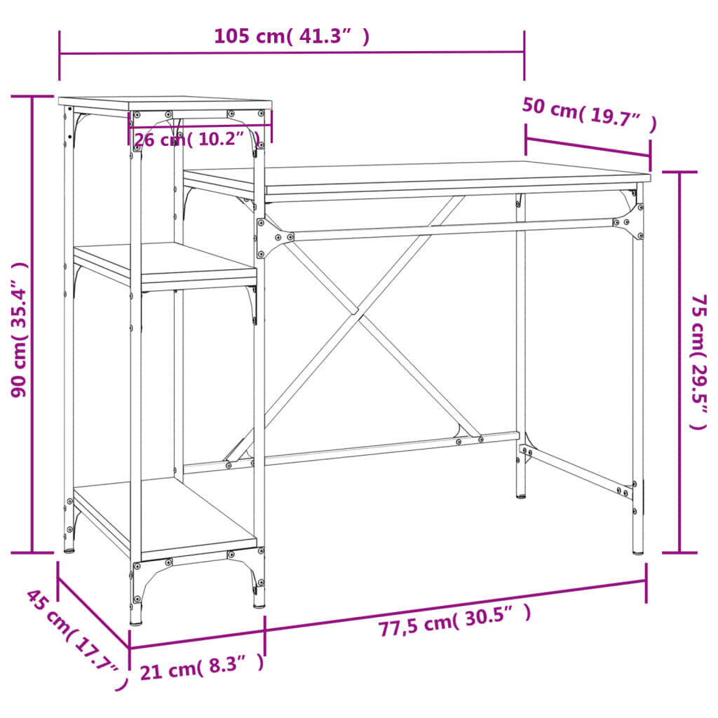 vidaXL Työpöytä hyllyillä savutammi 105x50x90 cm tekninen puu ja rauta hinta ja tiedot | Tietokonepöydät ja työpöydät | hobbyhall.fi