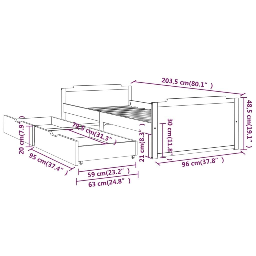 vidaXL Sängynrunko vetolaatikoilla täysi mänty 90x200 cm hinta ja tiedot | Sängyt | hobbyhall.fi